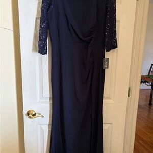 Navy Blue Lace Sleeve Evening Gown